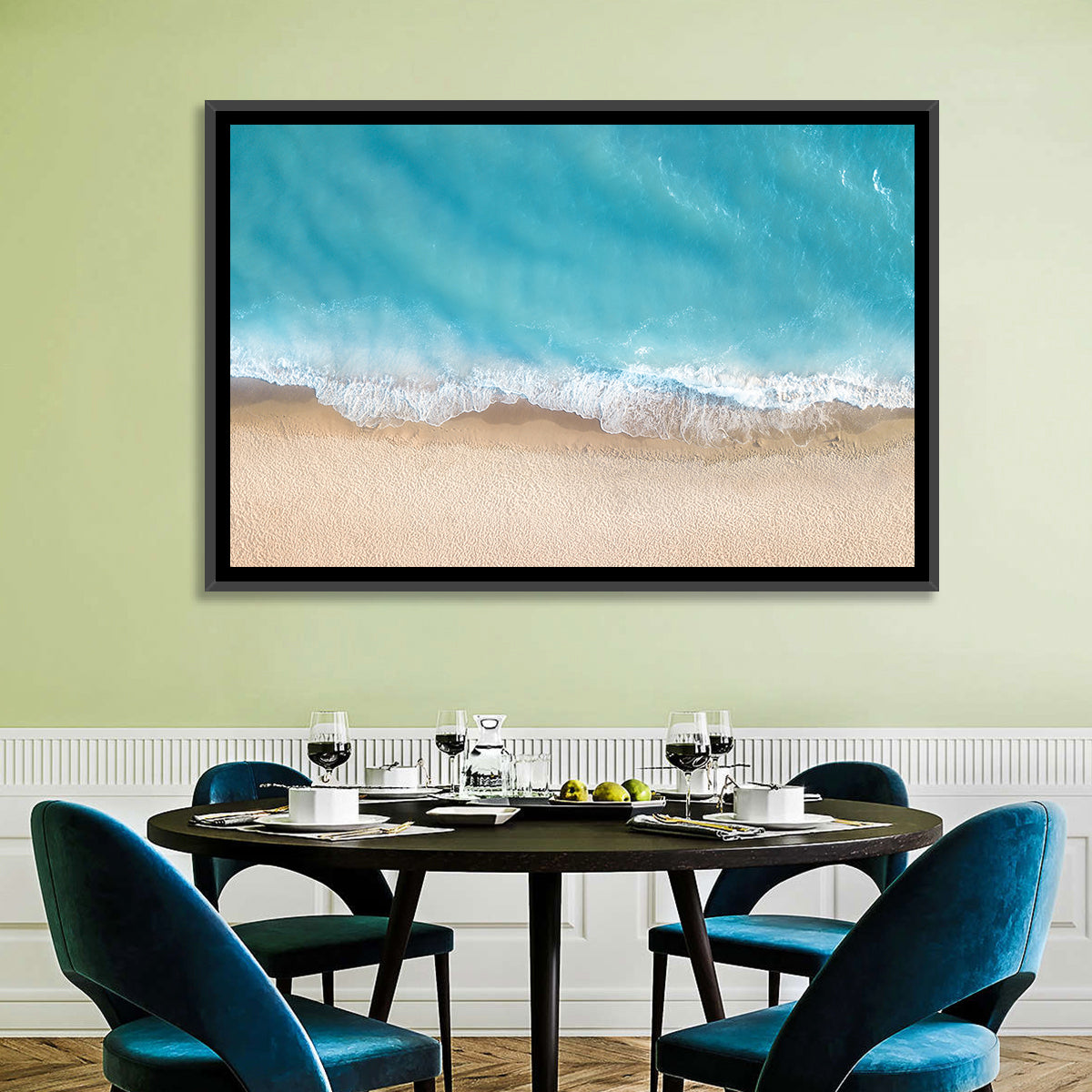 Top-down Turquoise Beachscape Wall Art in a room, landscape