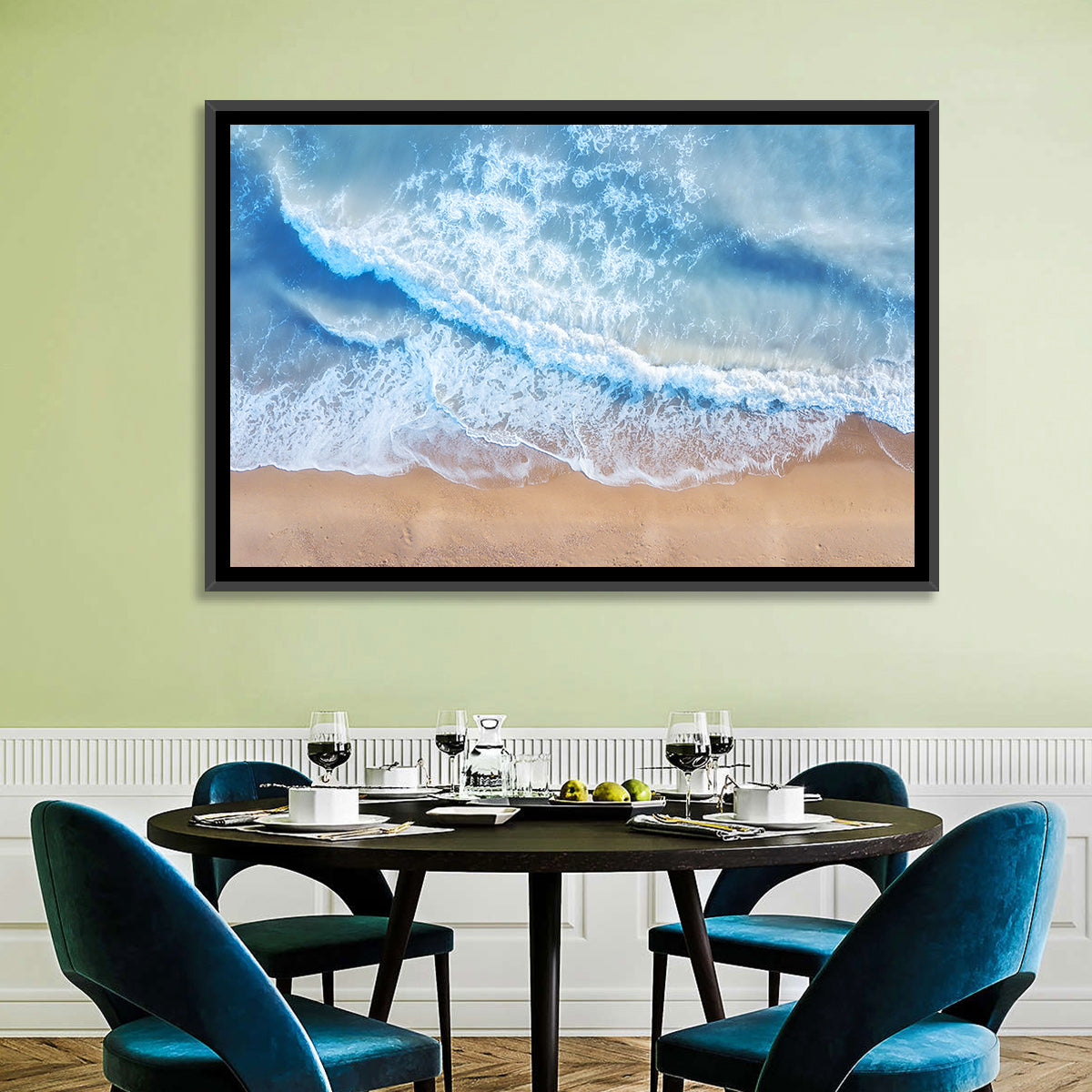 Aerial Turquoise Beach Waves Wall Art in a room, landscape