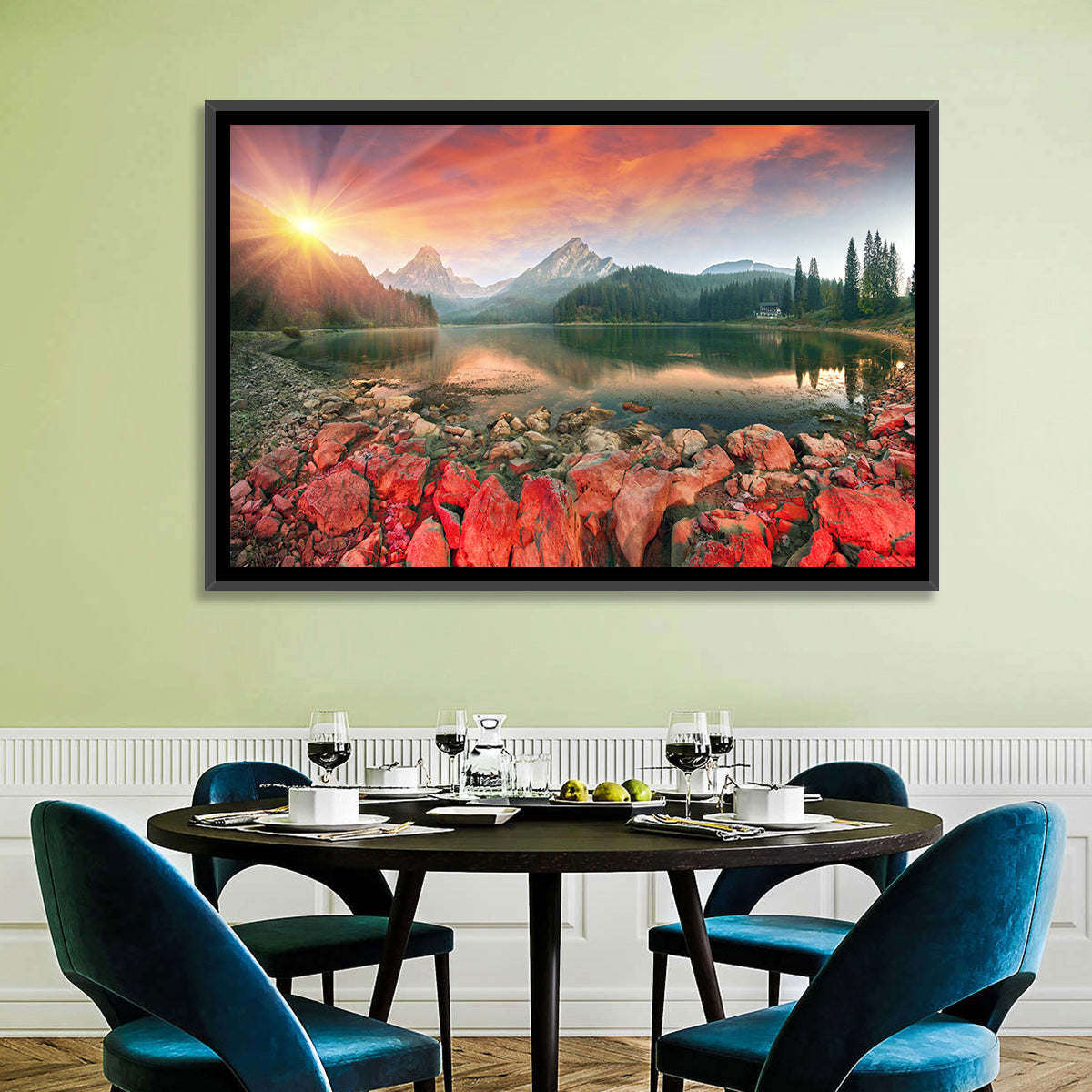 Obersee Sunrise Over Red Rocks Wall Art in a room, landscape