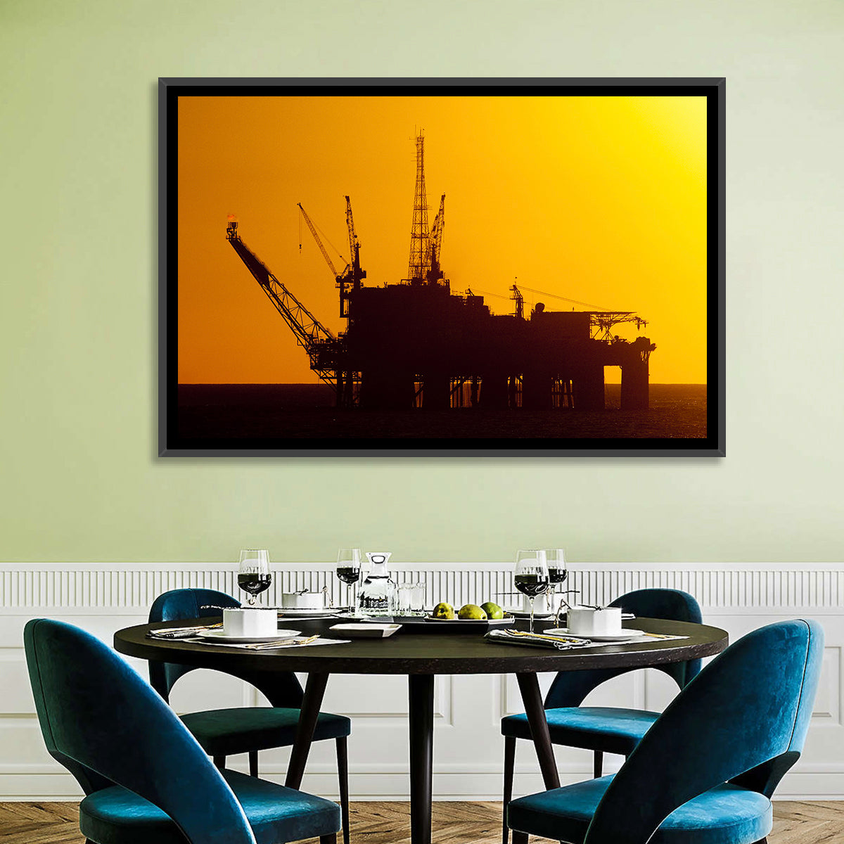 Oil Rig Silhouette at Sunset Wall Art in a room, landscape