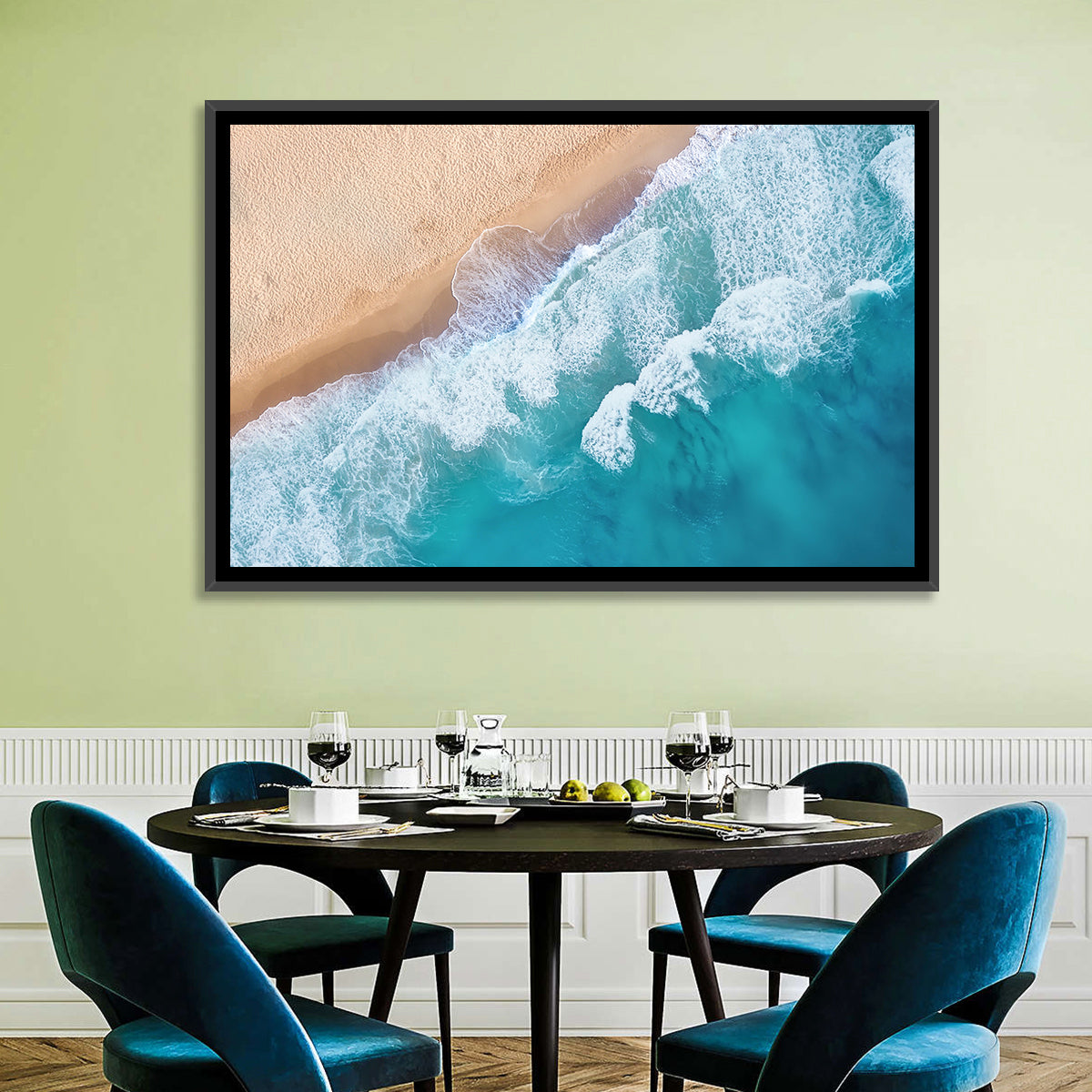 Aerial Turquoise Beach Waves Wall Art in a room, landscape