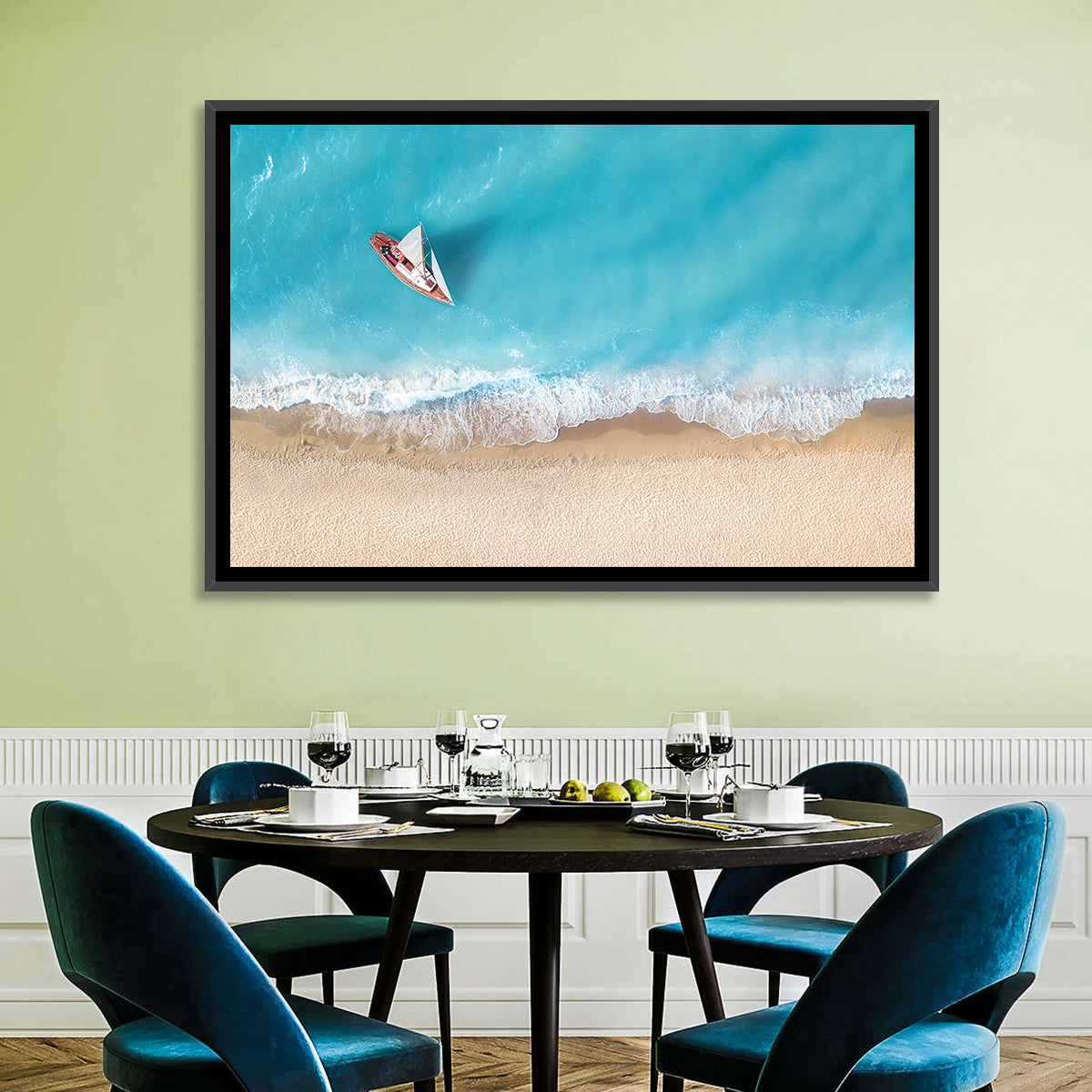 Centered Sailboat Over Turquoise Sea Wall Art in a room, landscape