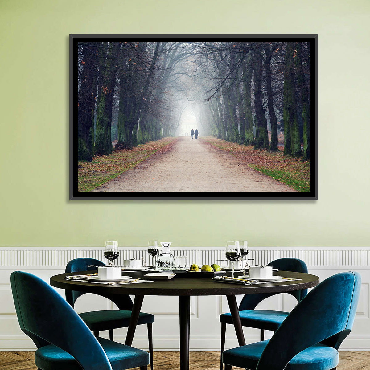 Foggy Tree Lined Walkway in Autumn Wall Art in a room, landscape