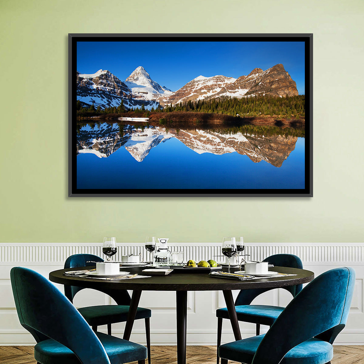 Snowy Mount Assiniboine Wall Art in a room, landscape