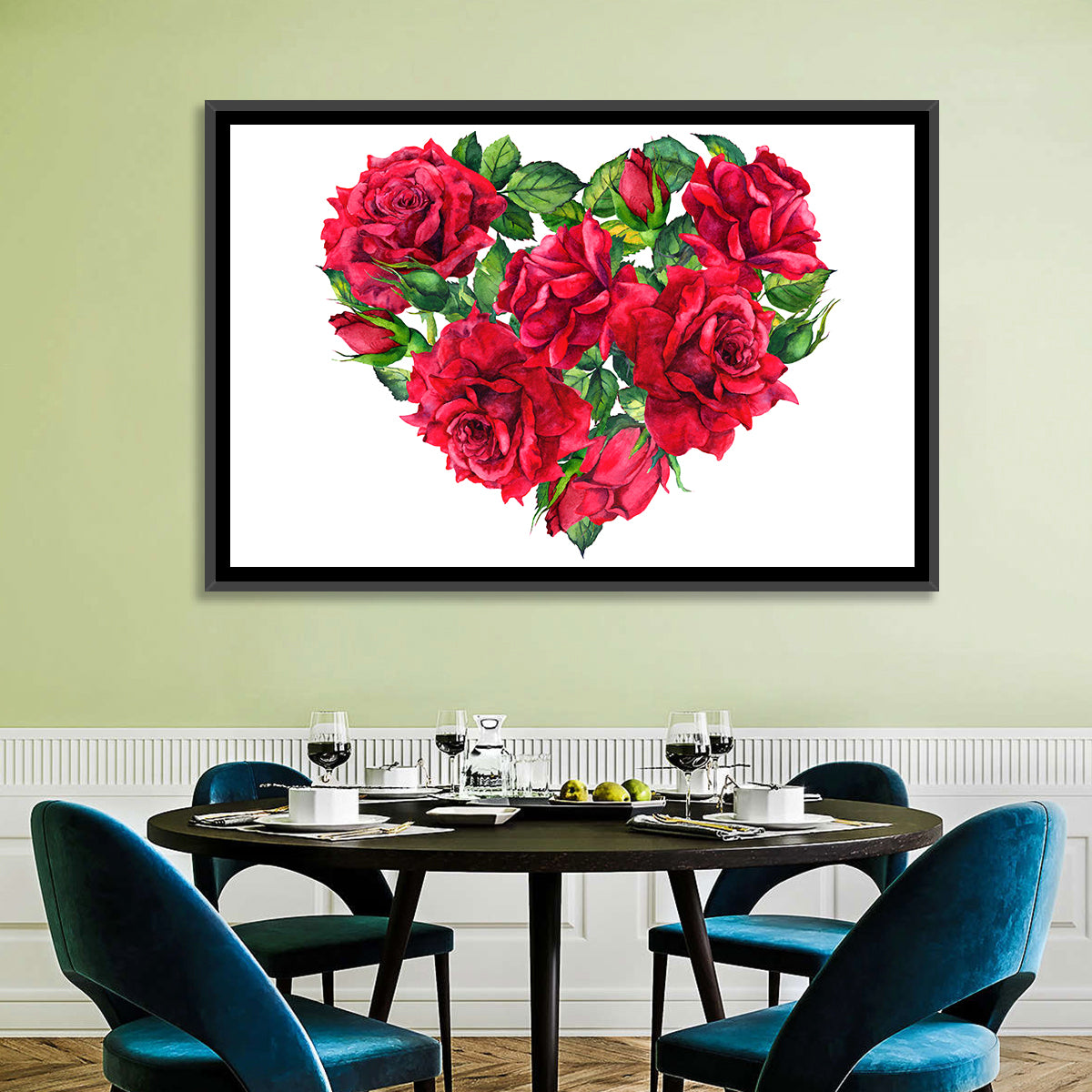 Watercolor Rose Heart Wall Art in a room, landscape