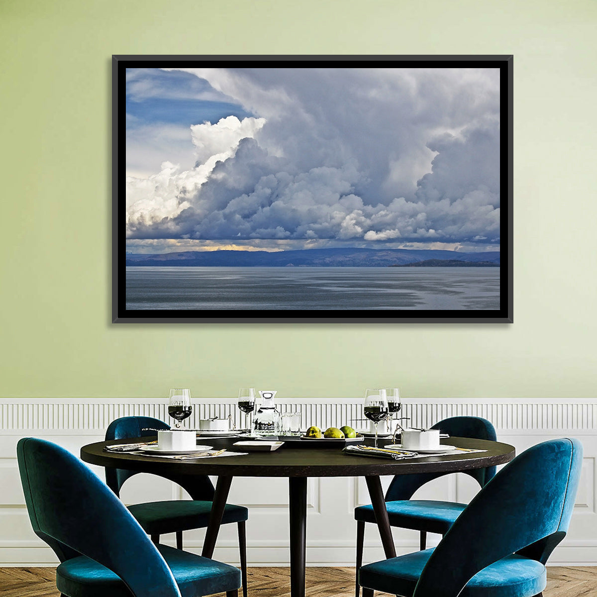 Lake Titicaca Moody Cloudscape Wall Art in a room, landscape