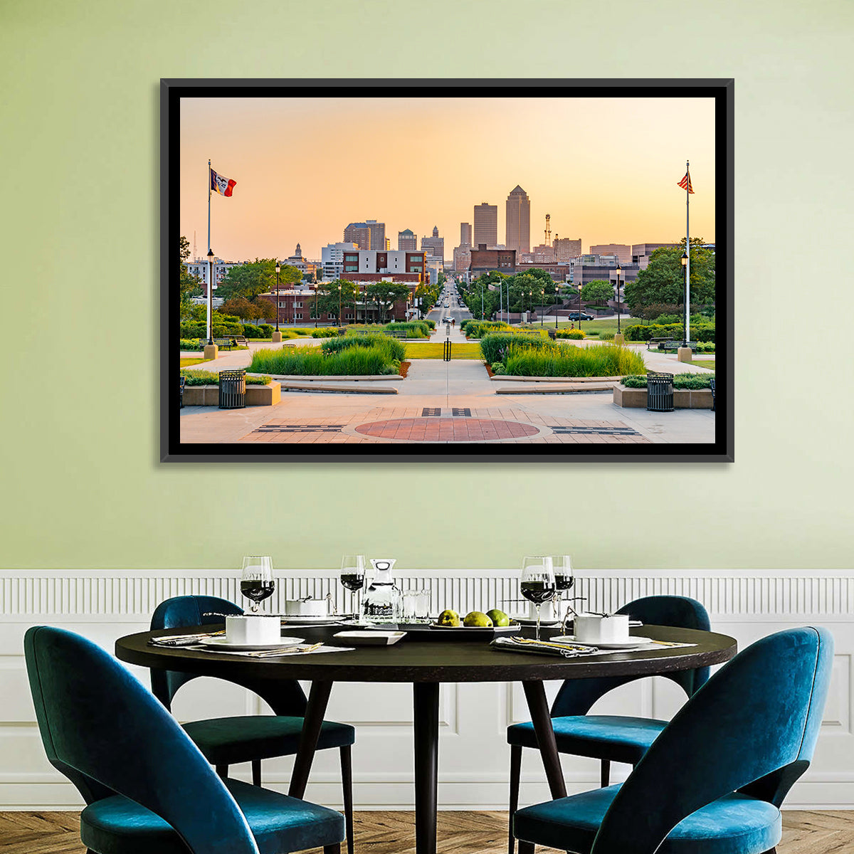 Des Moines Golden Hour Skyline Wall Art in a room, landscape