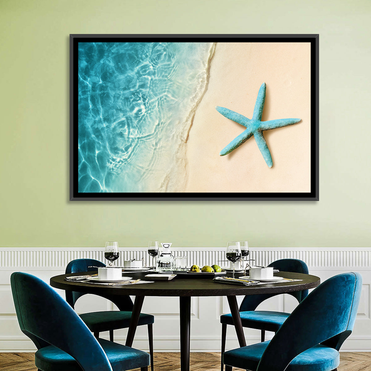 Blue Starfish on Sandy Beach Wall Art in a room, landscape