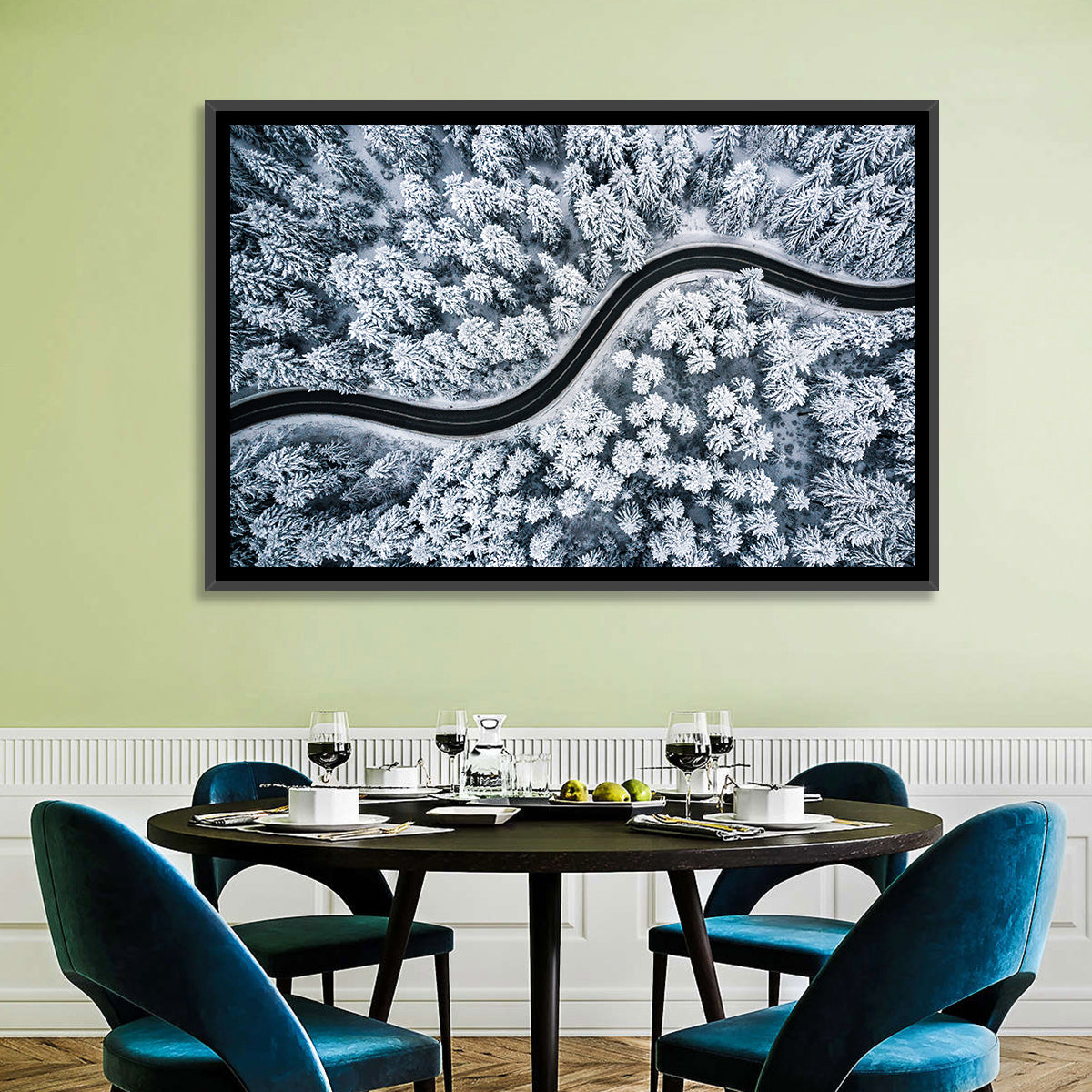 S-curve Winter Forest Road Wall Art in a room, landscape
