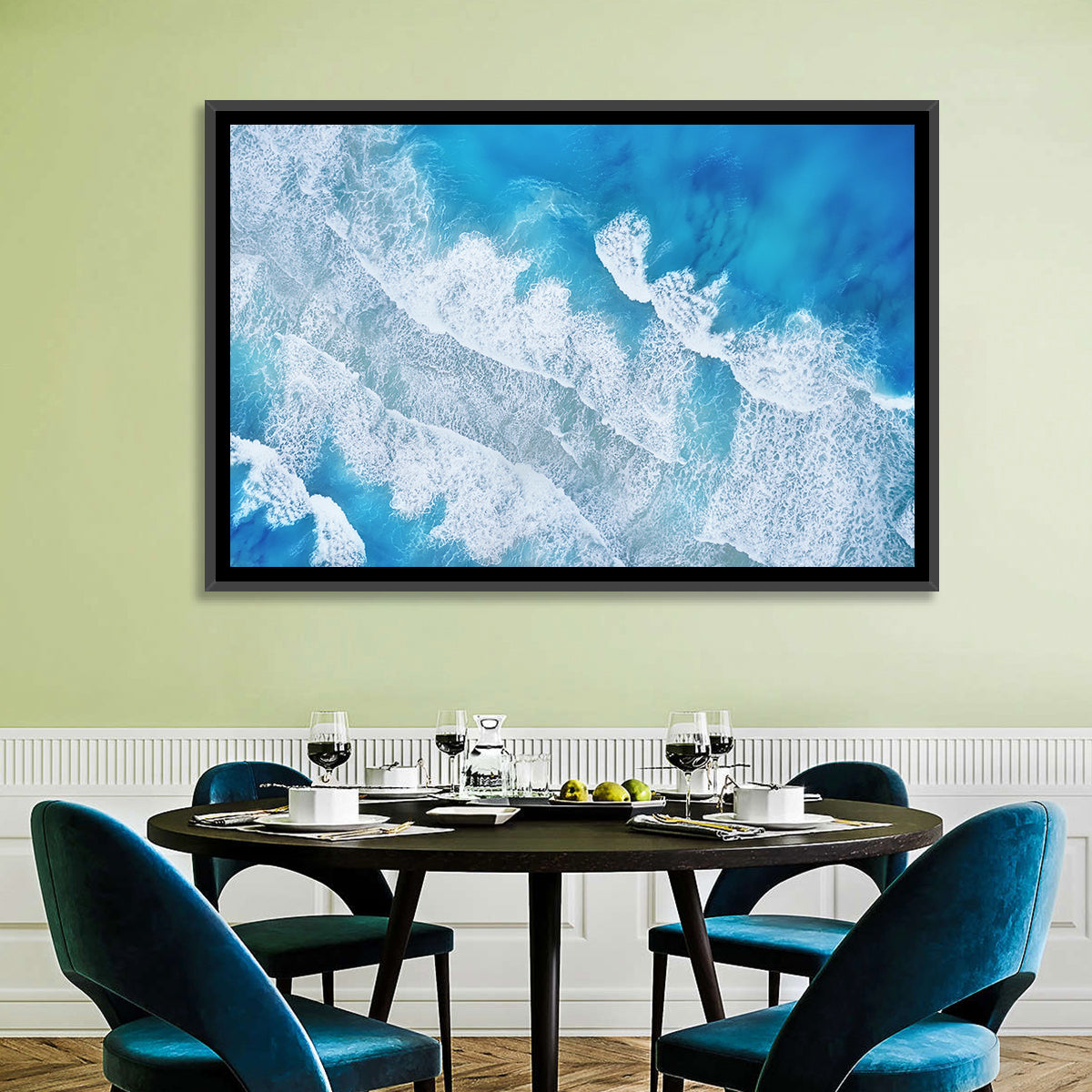 Aerial Turquoise Waves Wall Art in a room, landscape