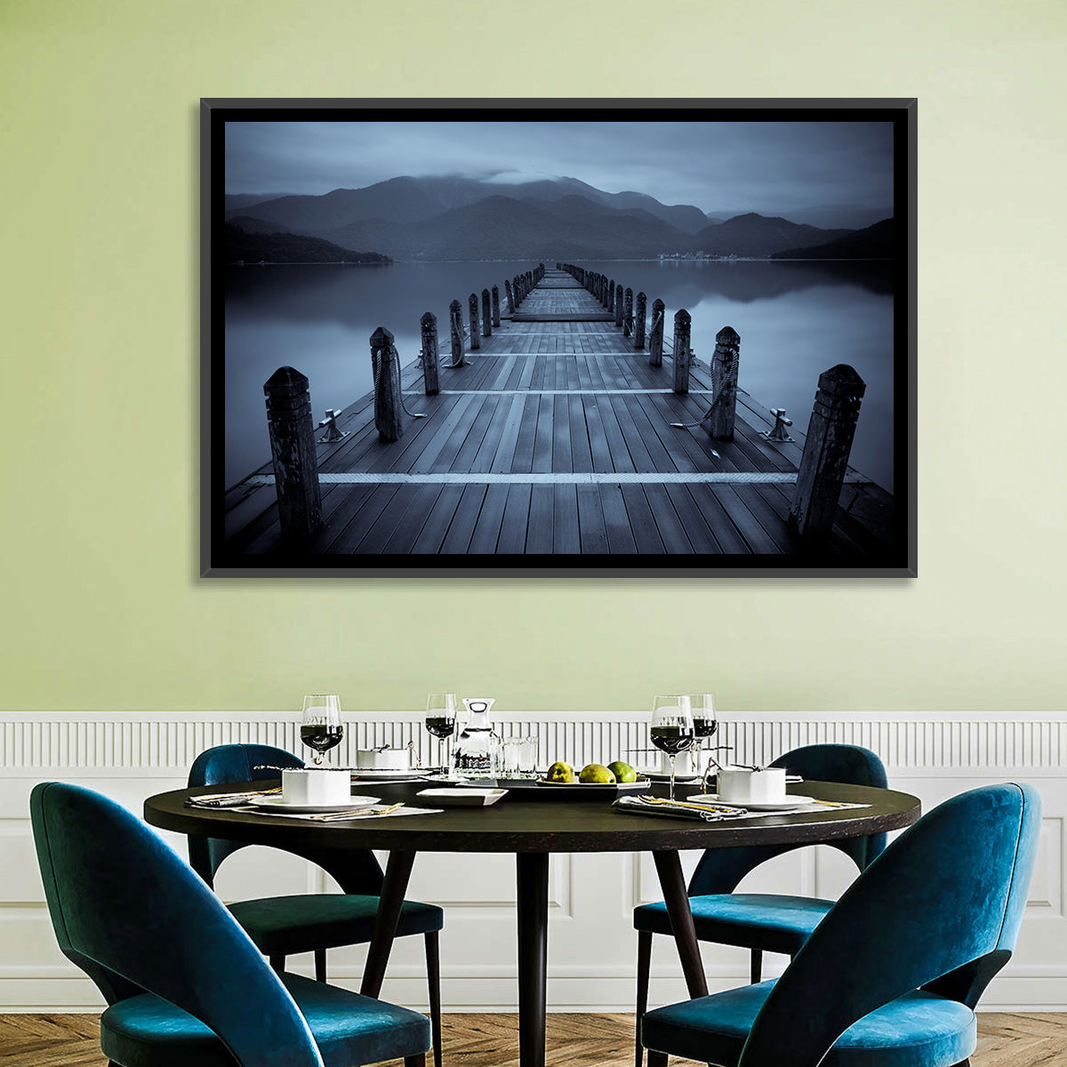 Long Lake Pier at Dusk Wall Art in a room, landscape