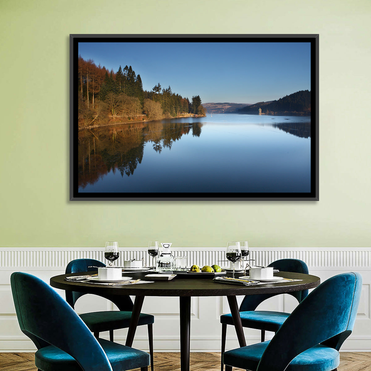 Lake Vyrnwy Golden Hour Reflection Wall Art in a room, landscape