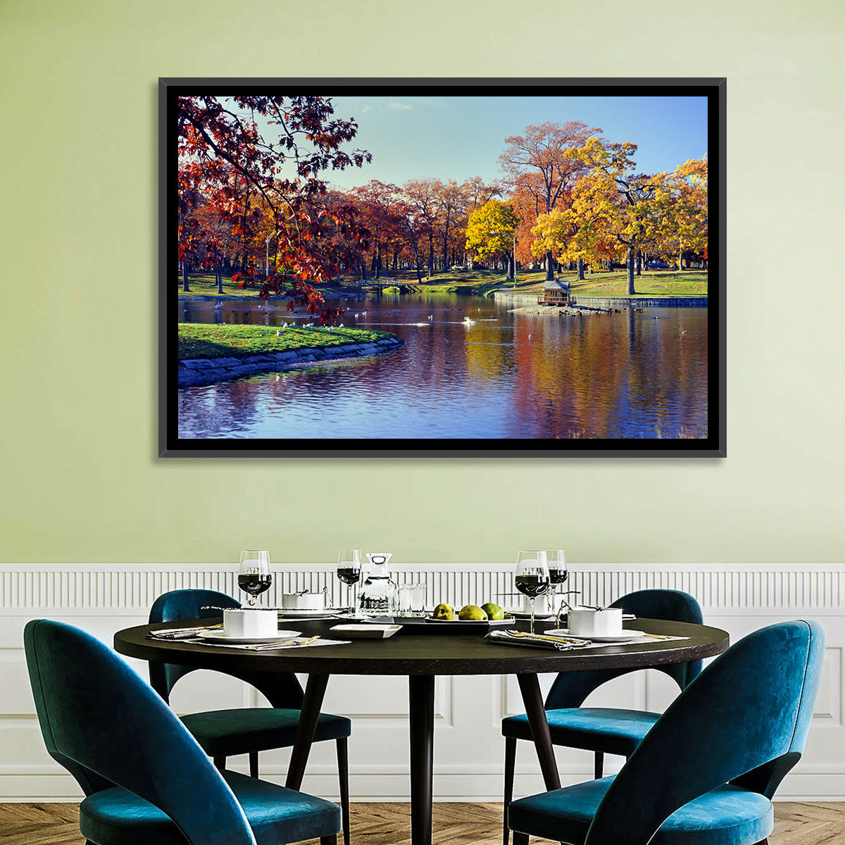 Deering Oaks Autumn Pond Wall Art in a room, landscape