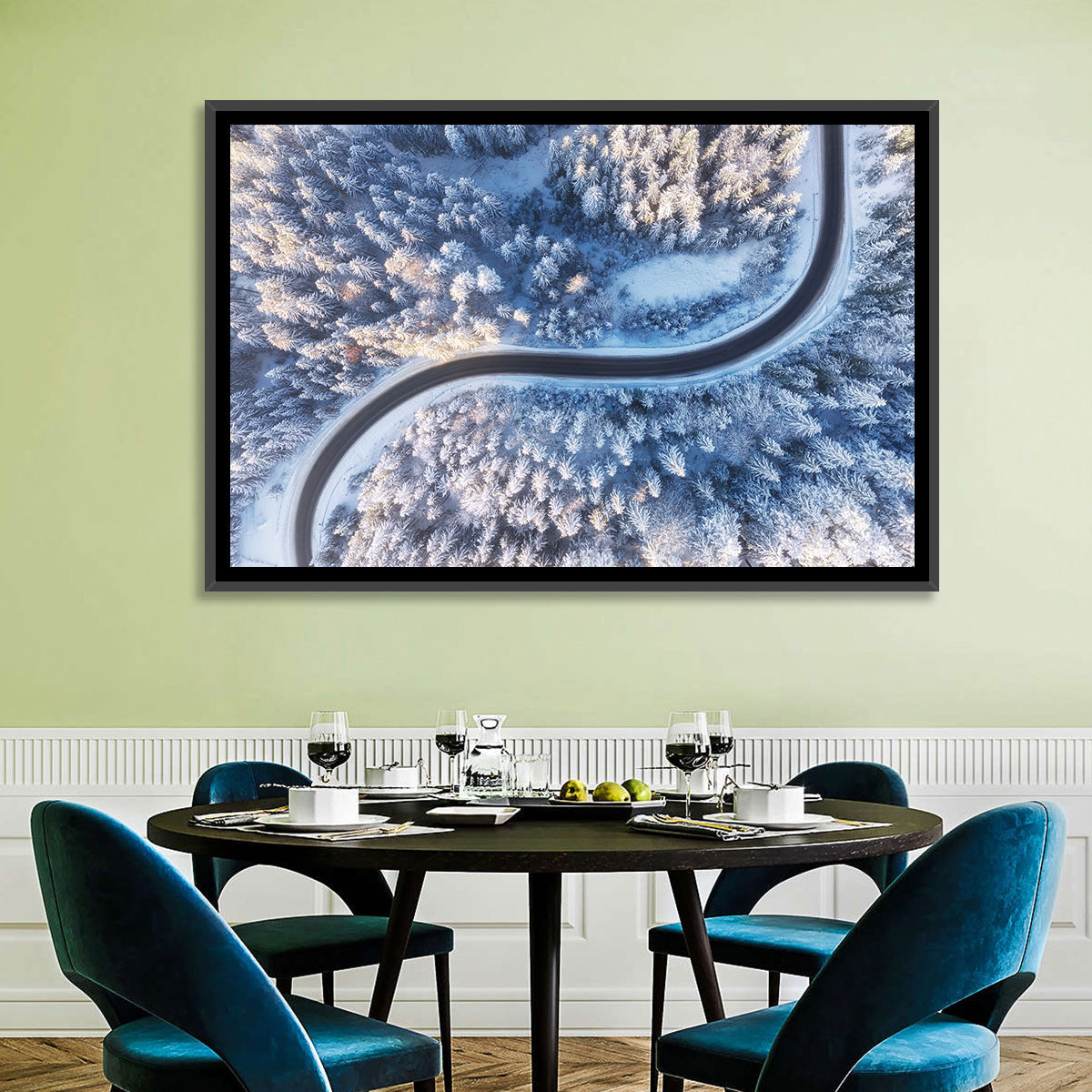 Winding Snow-covered Forest Road Wall Art in a room, landscape