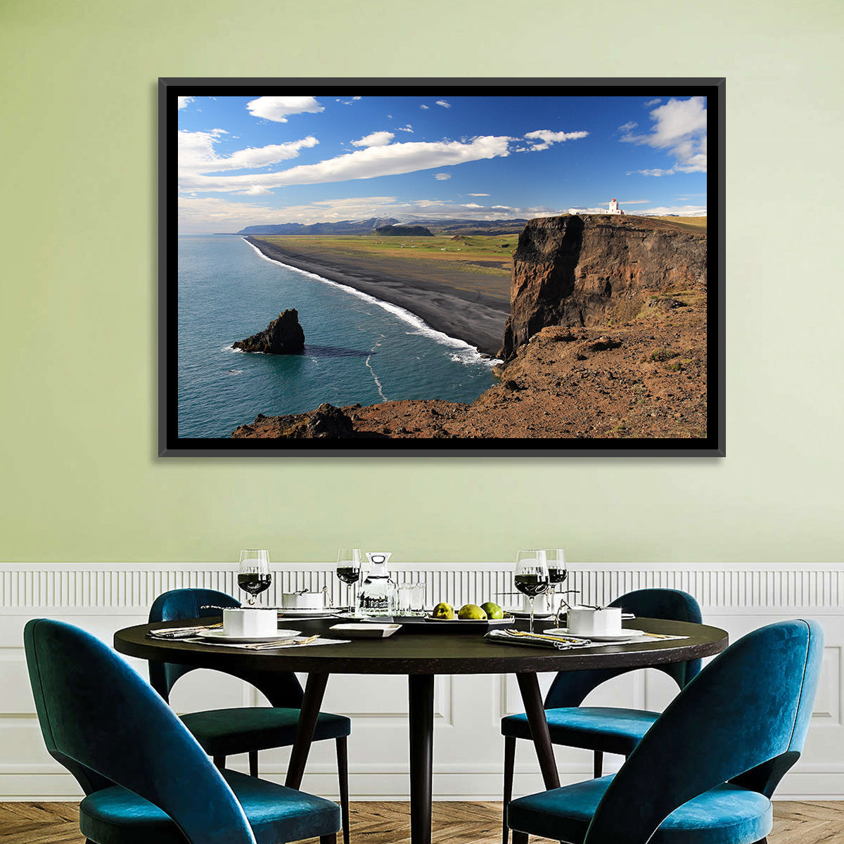 Dyrhólaey Black Sand Beach and Sea Stack Wall Art in a room, landscape