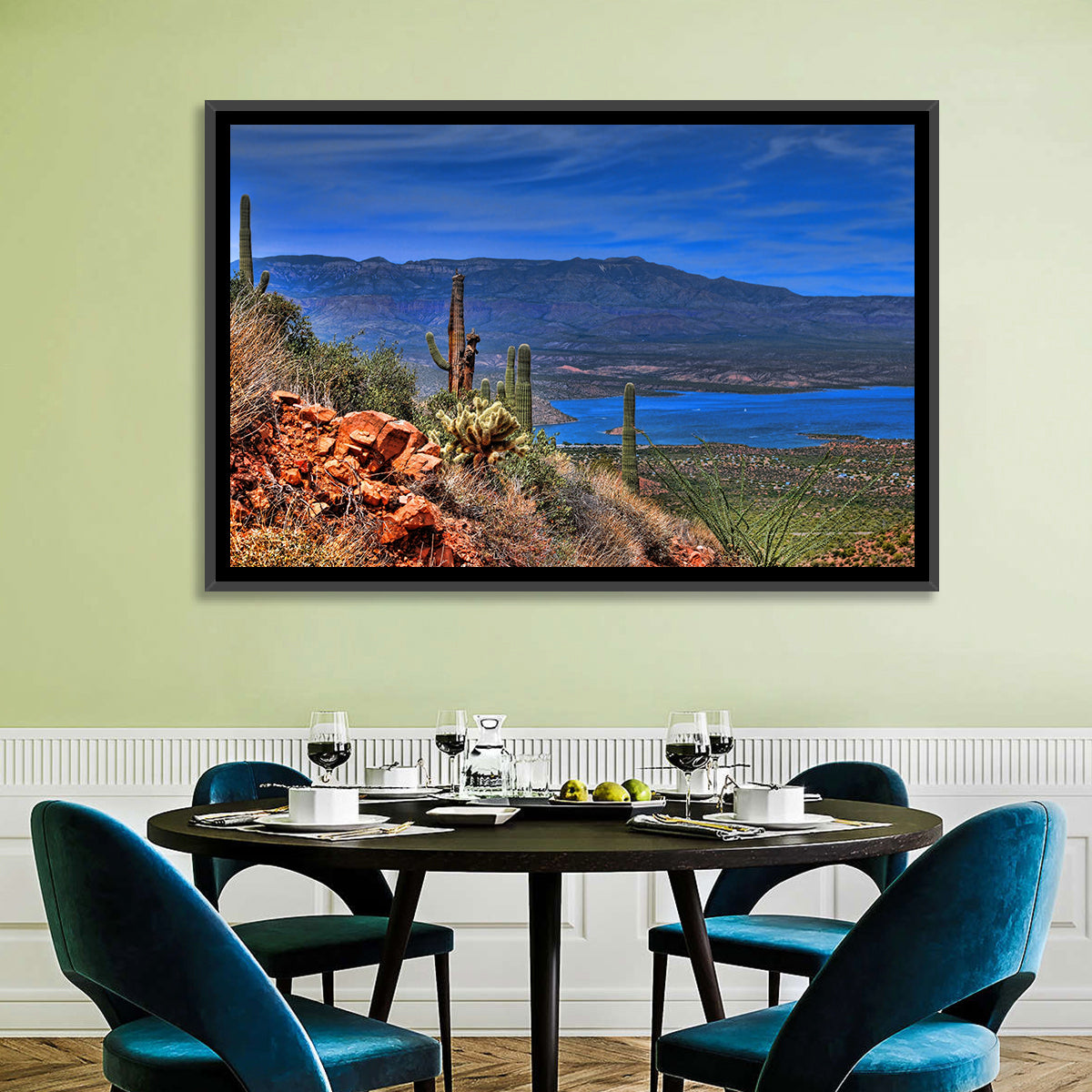 Roosevelt Lake Saguaro Vista Wall Art in a room, landscape