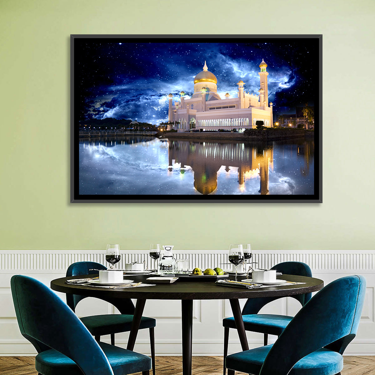 Omar Ali Saifuddien Mosque at Night Wall Art in a room, landscape
