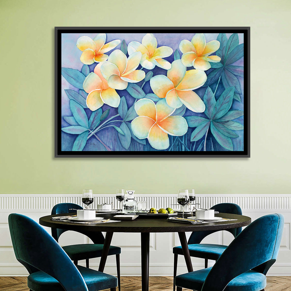 Watercolor Frangipani Cluster Wall Art in a room, landscape