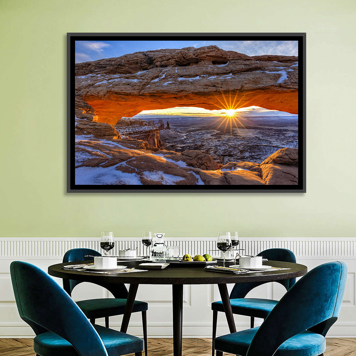 Sunrise at Mesa Arch Wall Art in a room, landscape