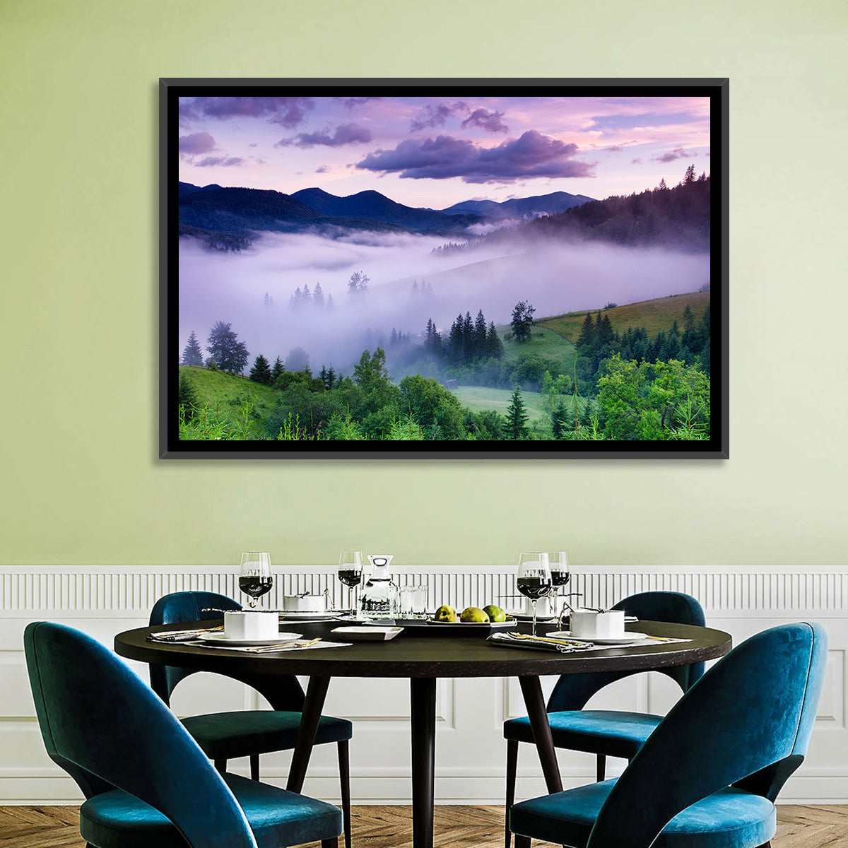 Misty Mountain Valley at Twilight Wall Art in a room, landscape