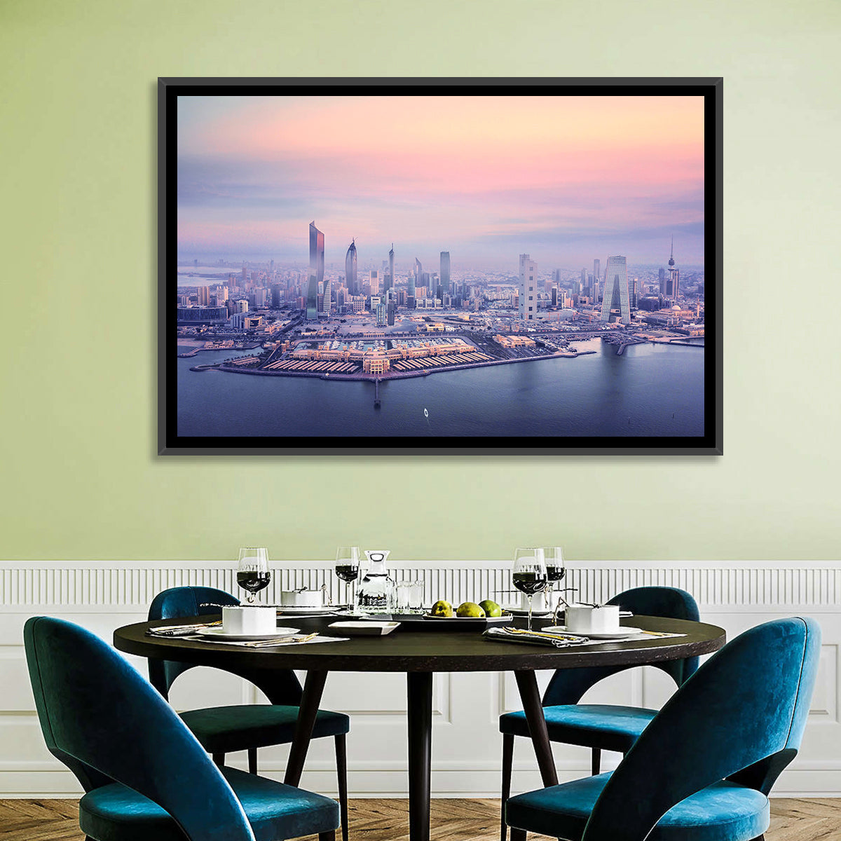 Kuwait City Twilight Skyline Wall Art in a room, landscape