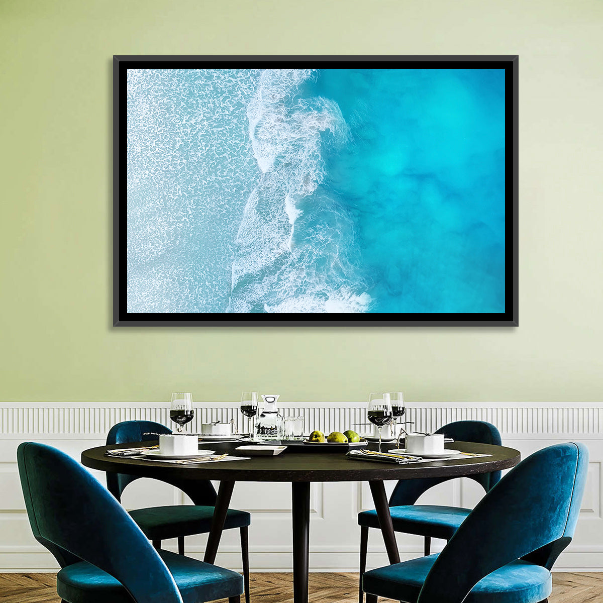 Turquoise Aerial Ocean Waves Wall Art in a room, landscape