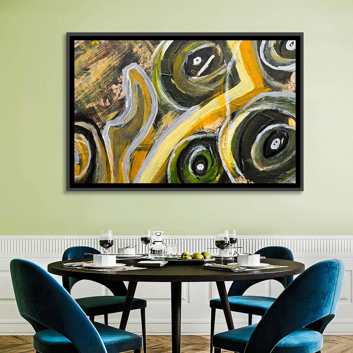 Impasto Swirl Circles in Yellow and Black Wall Art in a room, landscape
