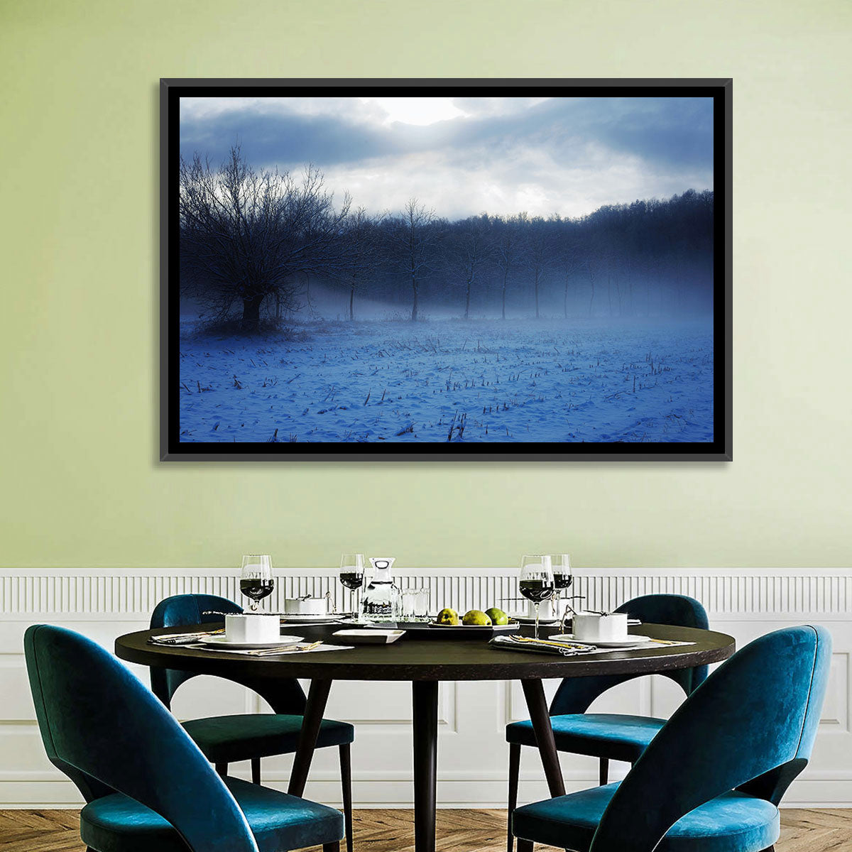Snowy Italian Countryside Wall Art in a room, landscape