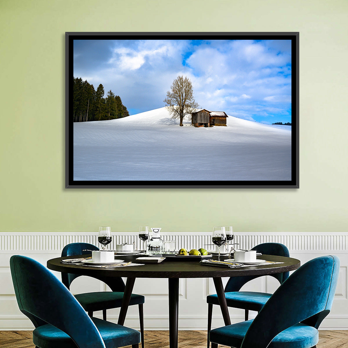 Rustic Barn on a Snowy Hill Wall Art in a room, landscape