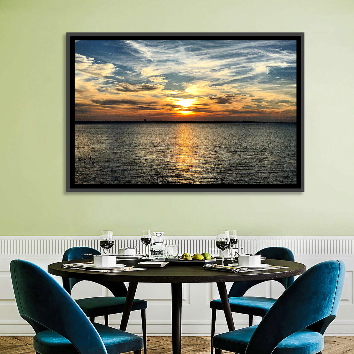 Texoma Lake Sunset Wall Art in a room, landscape