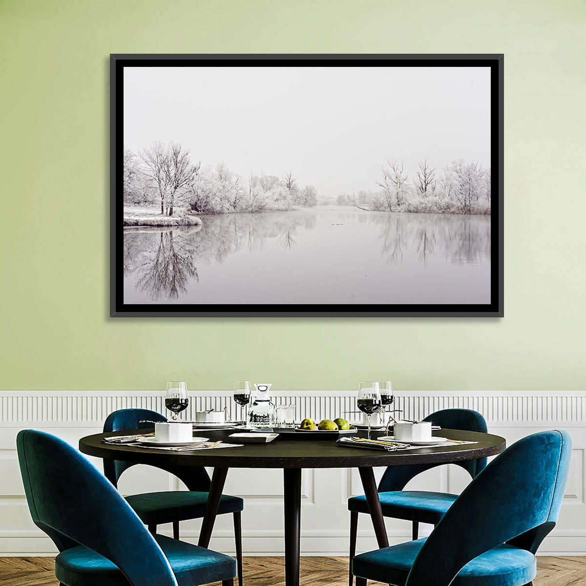 Frozen River Reflection in Winter Fog Wall Art in a room, landscape