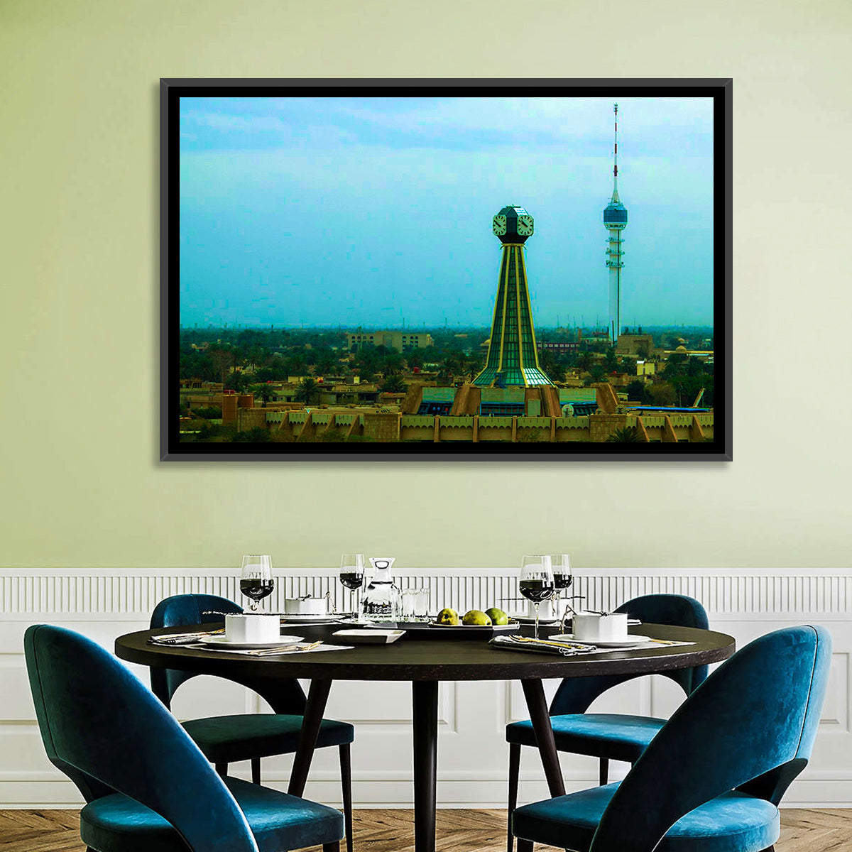 Baghdad Clock Tower Cityscape Wall Art in a room, landscape
