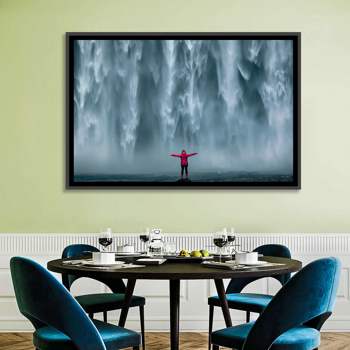 Skogafoss Waterfall with Figure in Pink Wall Art