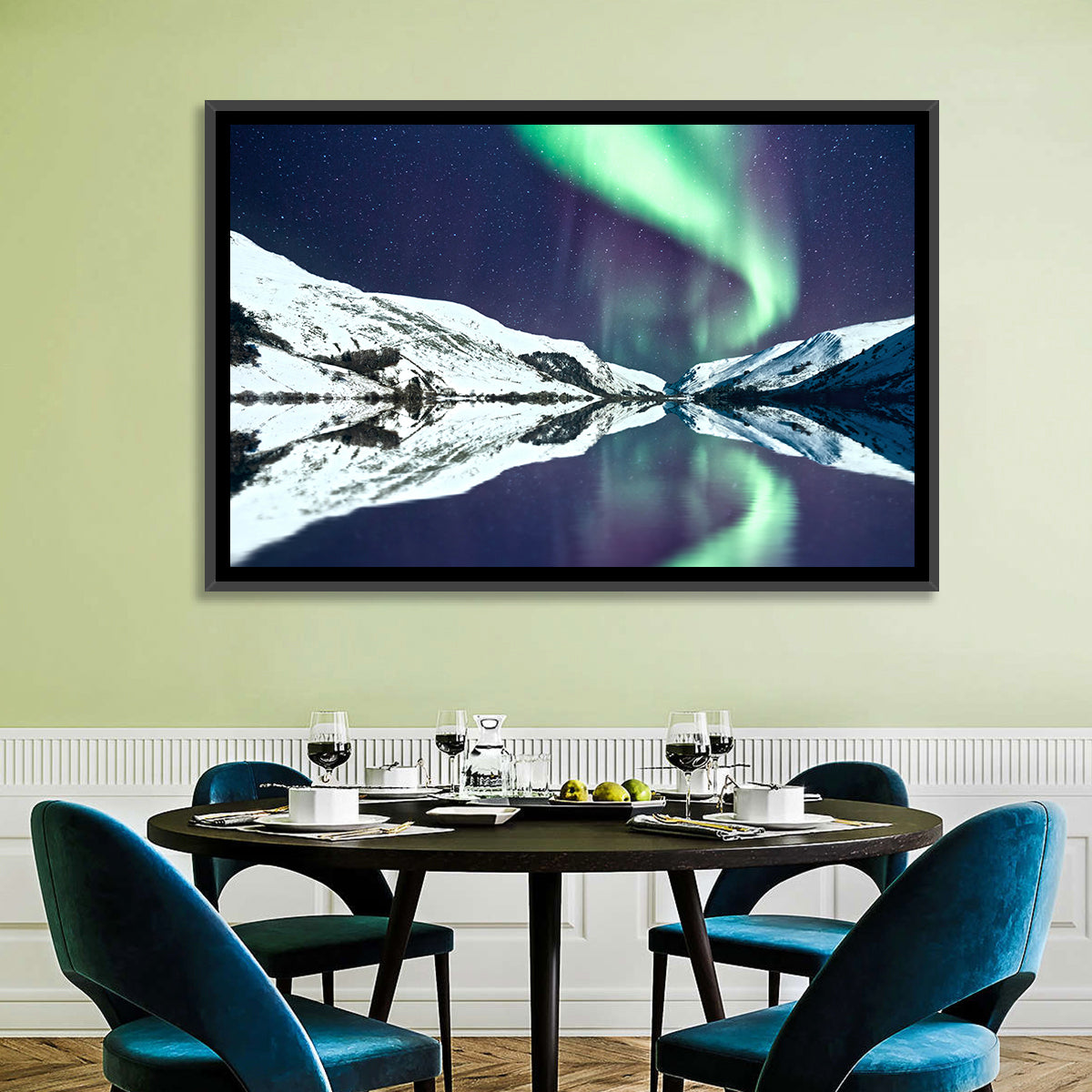 Emerald Aurora Over Mirror Lake Wall Art in a room, landscape