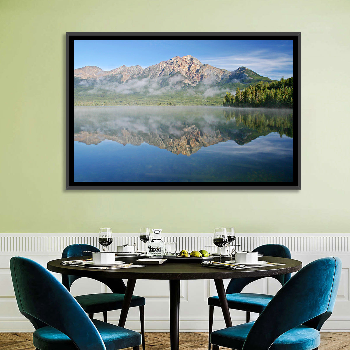 Pyramid Mountain Reflection Wall Art in a room, landscape
