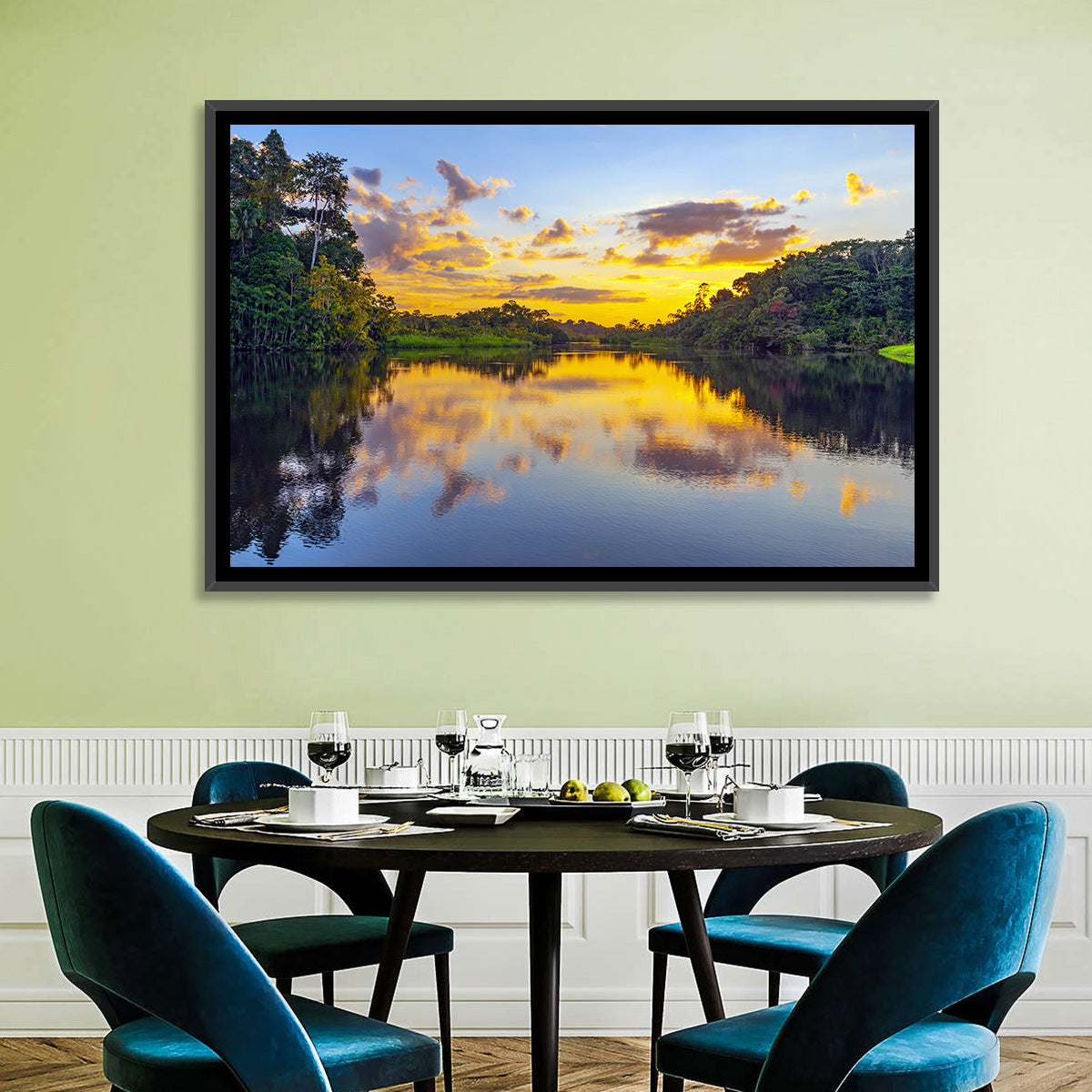Amazon River Sunset Reflection Wall Art in a room, landscape