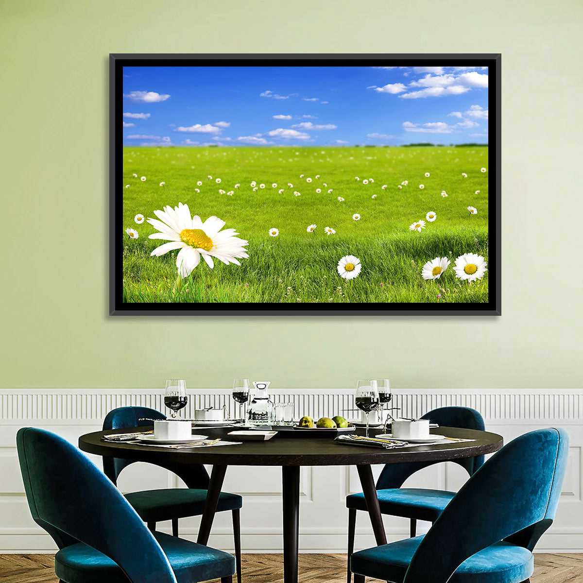Spring Daisy Meadow Wall Art in a room, landscape