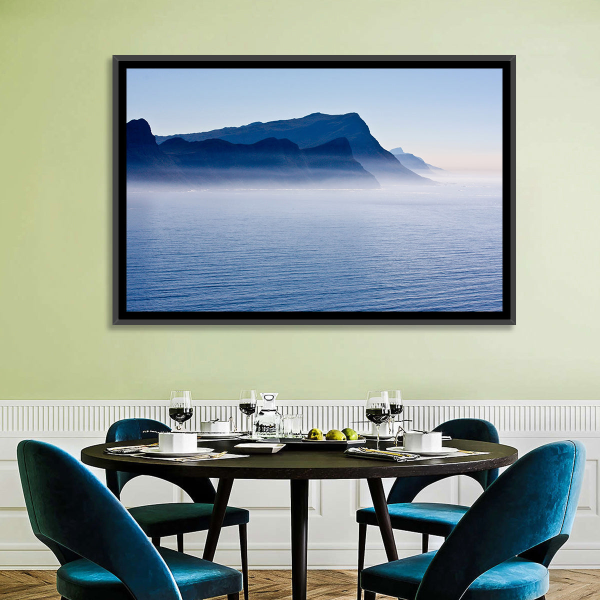 Misty Coastal Cliffs and Mountain Layers Wall Art in a room, landscape