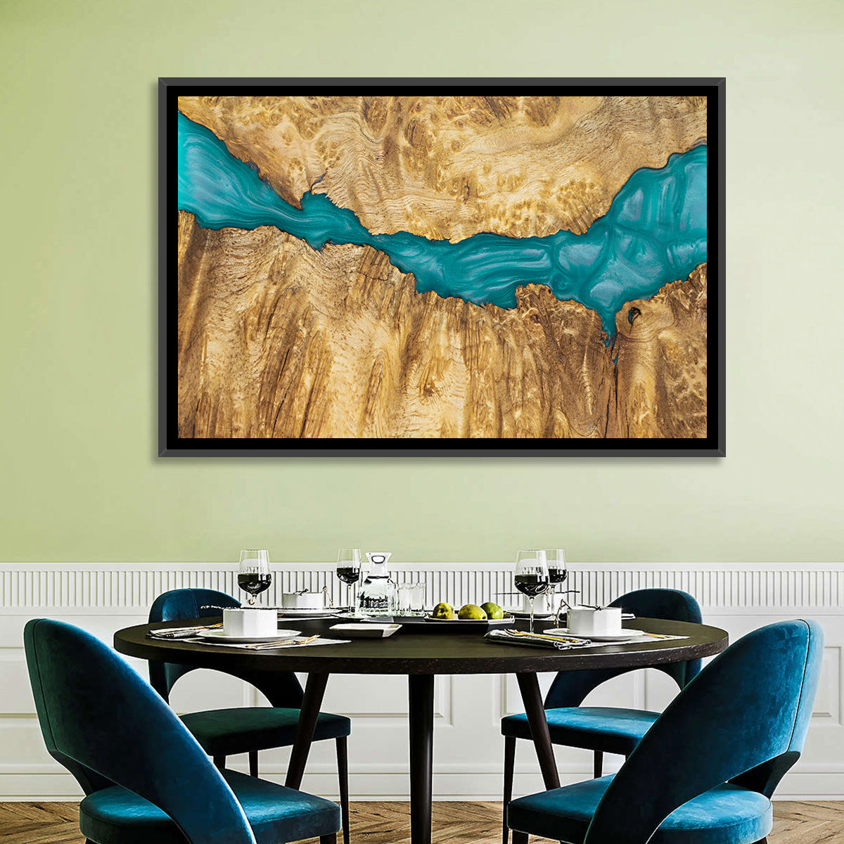 Burled Wood River with Teal Resin Wall Art in a room, landscape