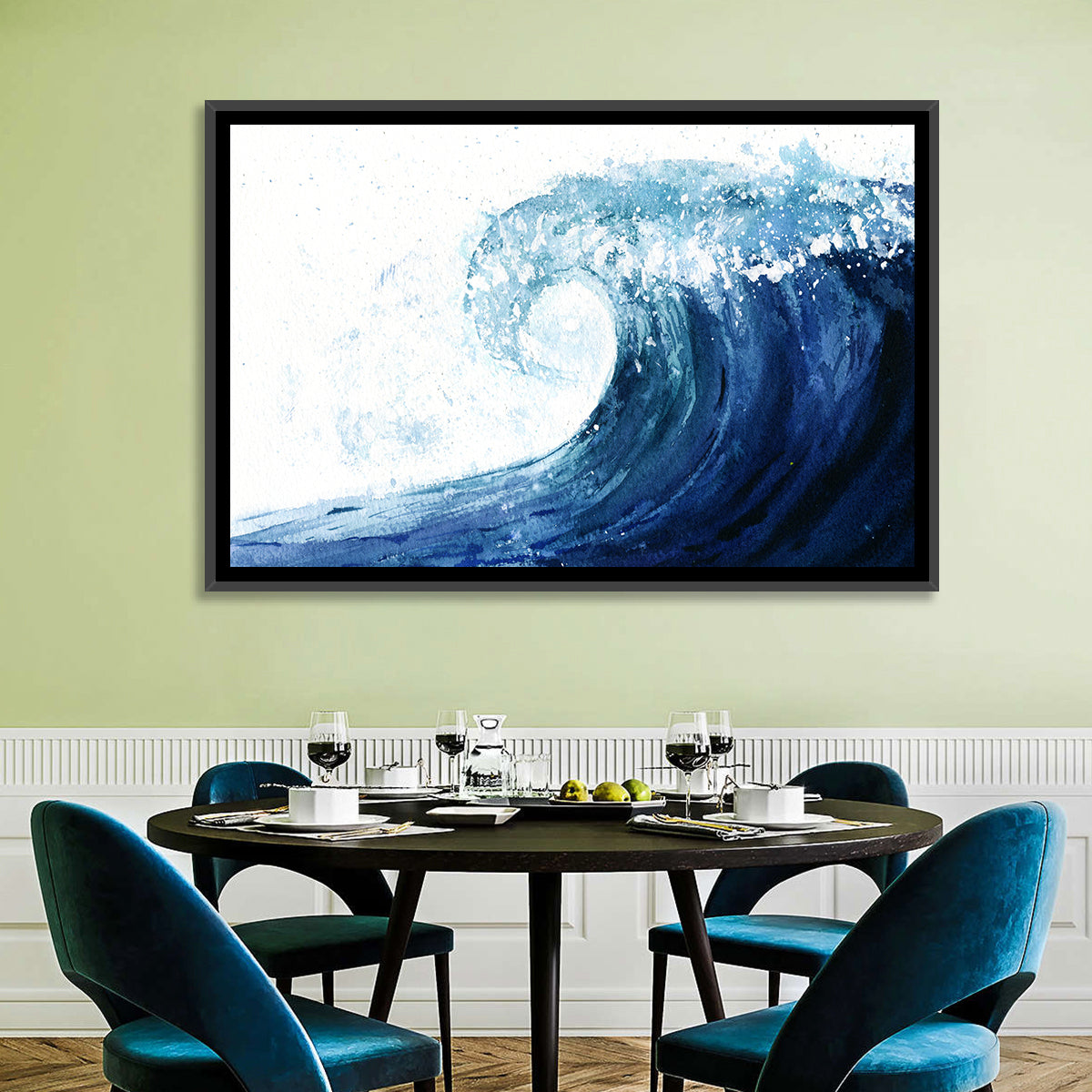 Watercolor Cresting Wave Wall Art in a room, landscape