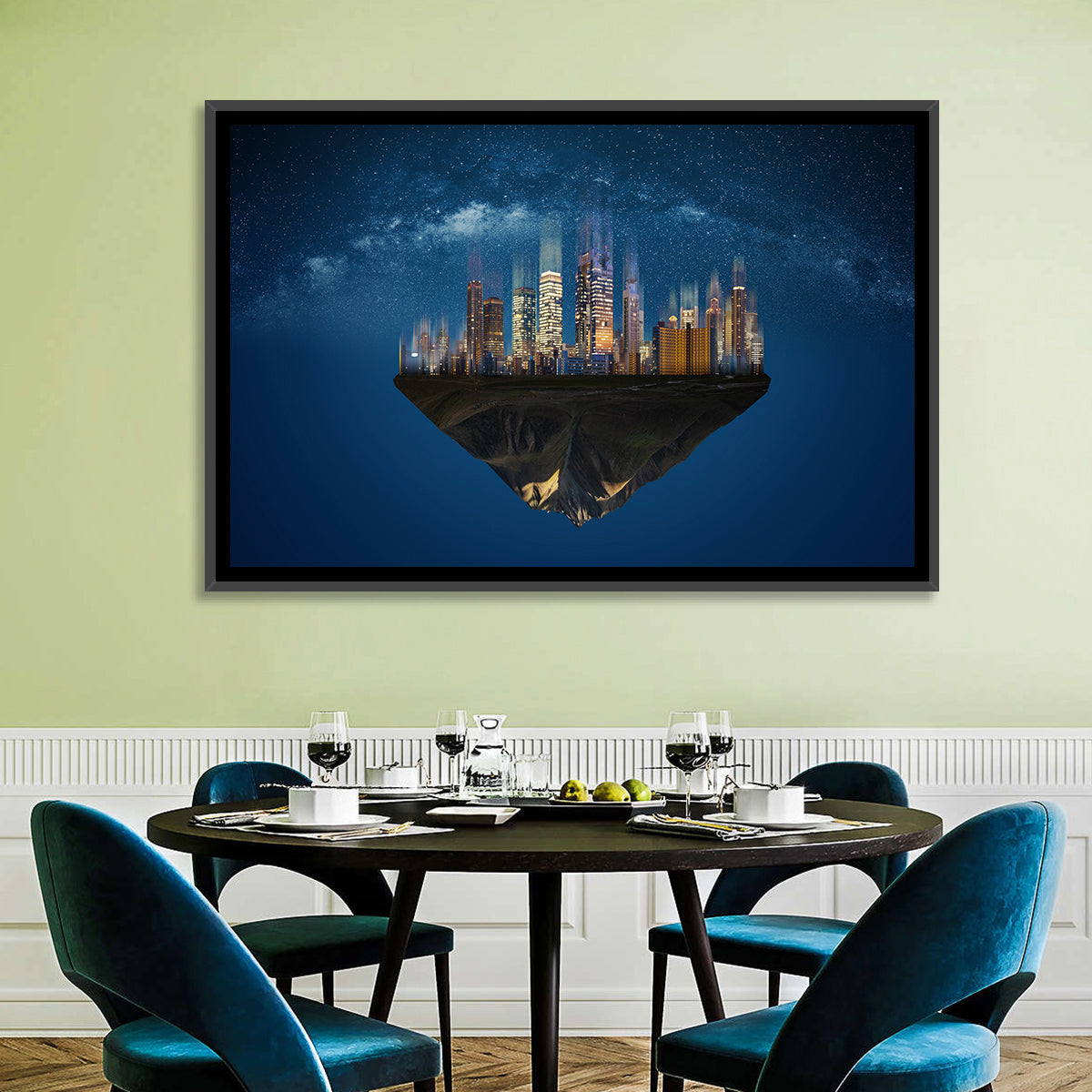 Floating City Island Wall Art in a room, landscape