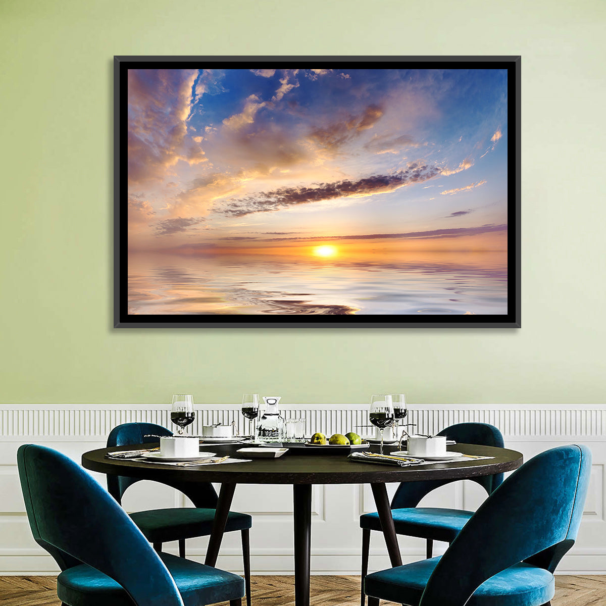 Sunlit Clouds Over Calm Sea Wall Art in a room, landscape