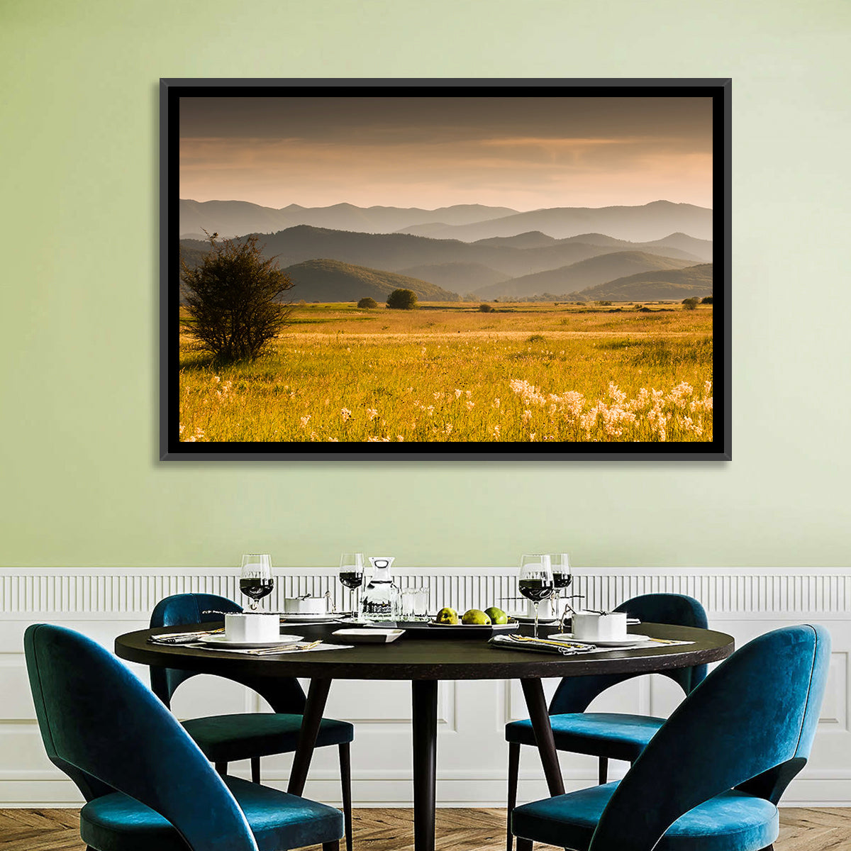 Golden Hour Countryside Hills Wall Art in a room, landscape