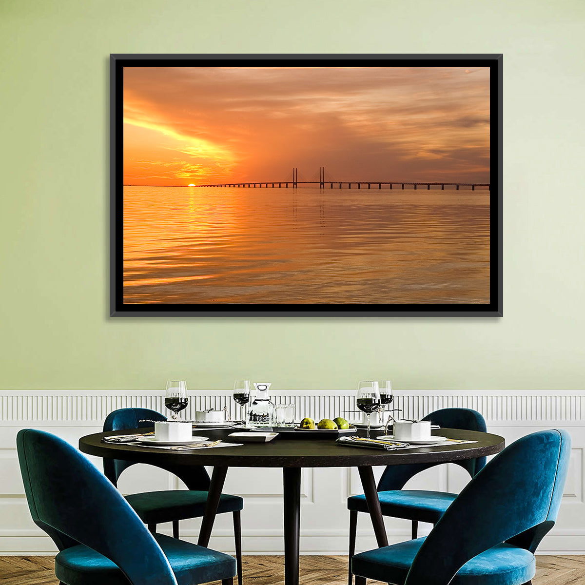 Øresund Bridge in Golden Light Wall Art in a room, landscape