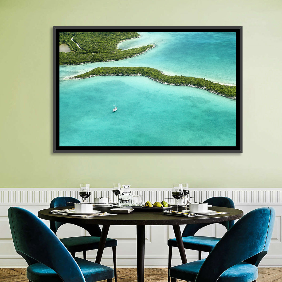 Turquoise Bahamas Islands Wall Art in a room, landscape