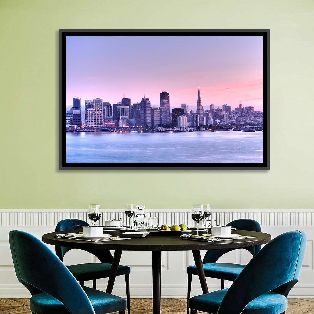 San Francisco Skyline at Lavender Dusk Wall Art in a room, landscape