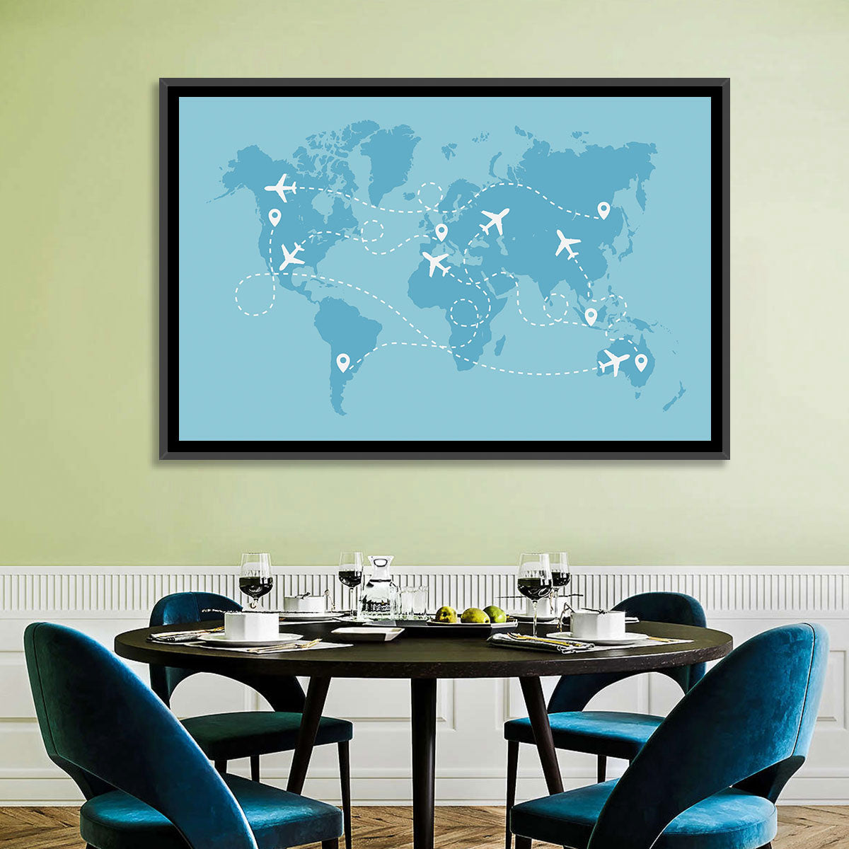 World Flight Routes Map Wall Art in a room, landscape