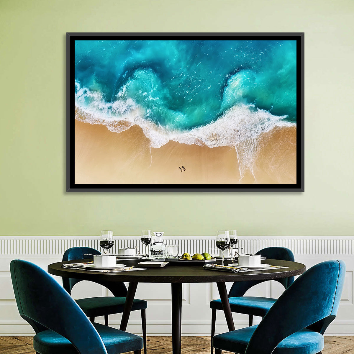 Turquoise Beach Aerial Wall Art in a room, landscape