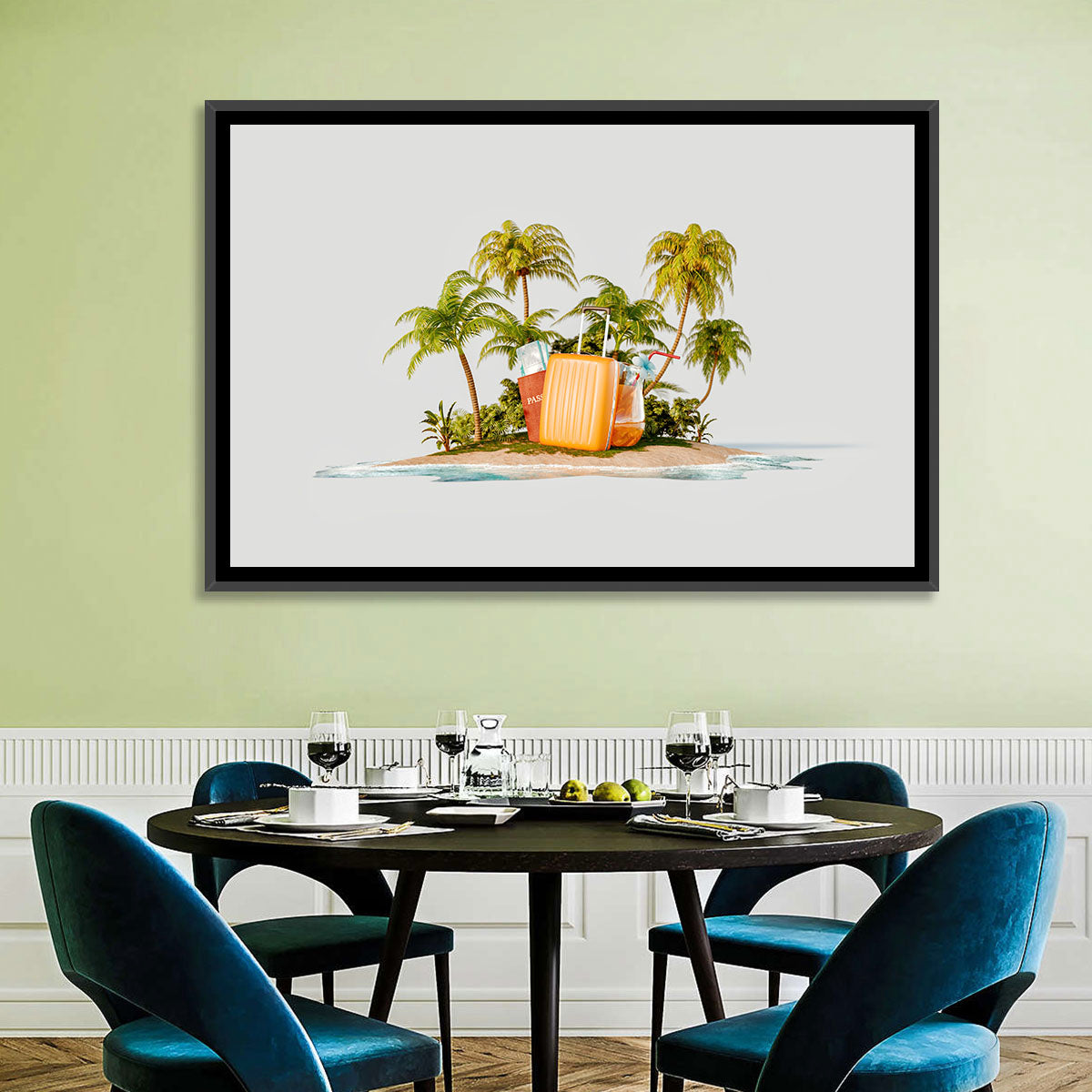 Tropical Island Vacation Illustration Wall Art in a room, landscape
