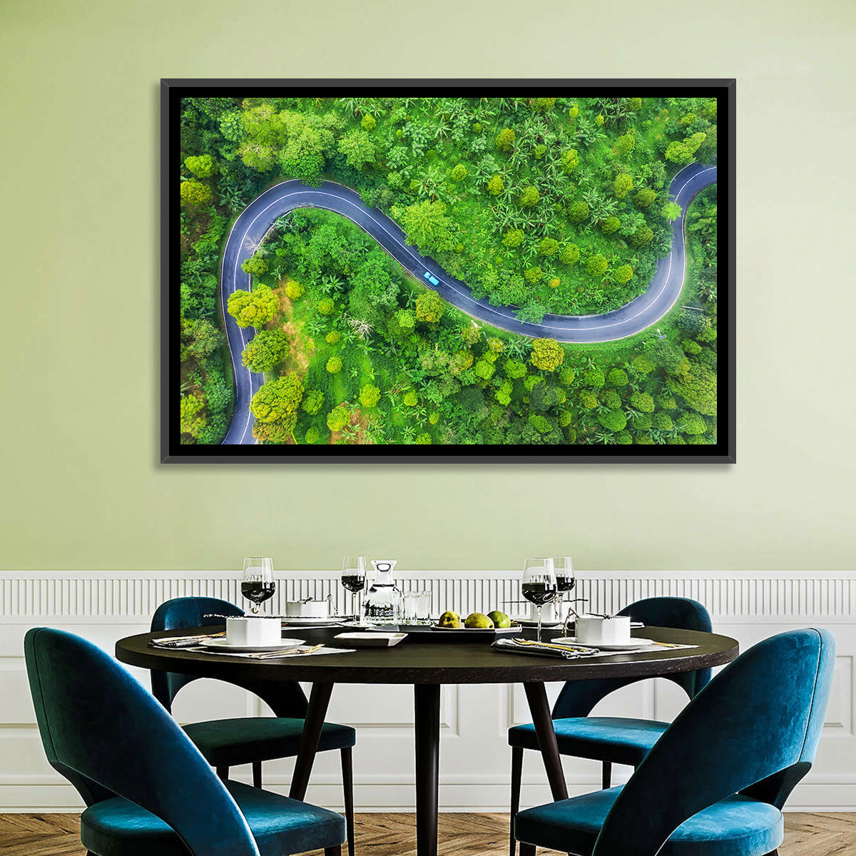 Blue Car on Summer Forest Road Wall Art in a room, landscape
